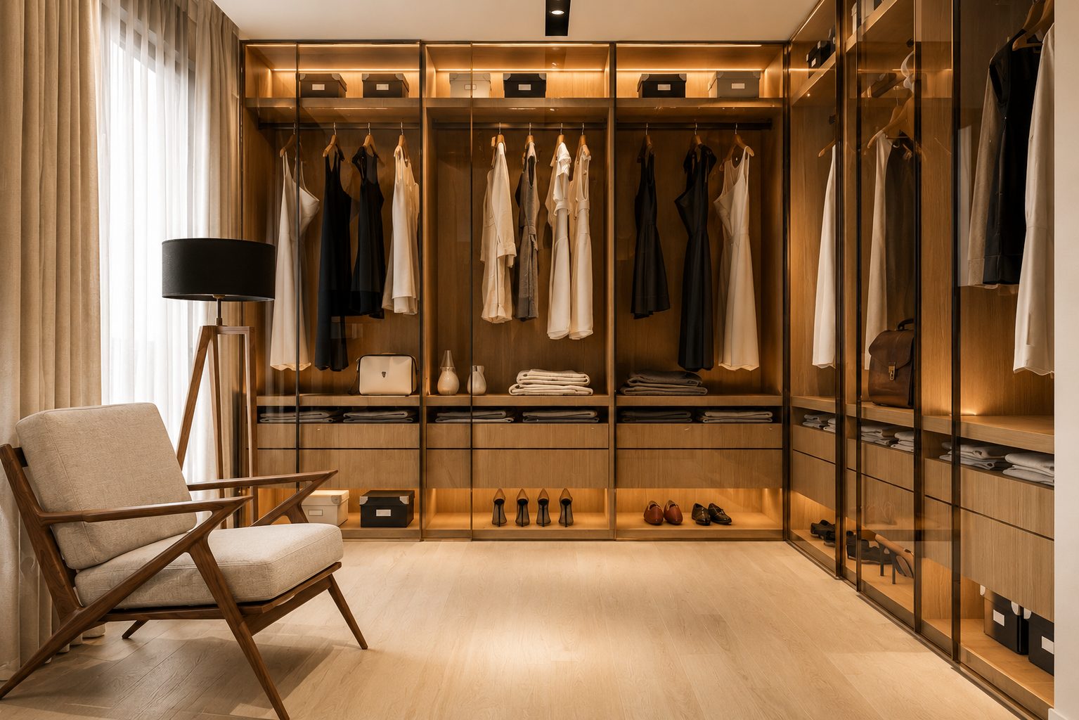 Closet planejado com portas de vidro e iluminação embutida