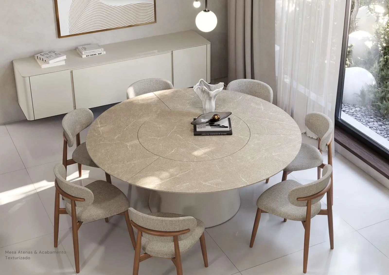 Composição Atenas com mesa redonda em pedra