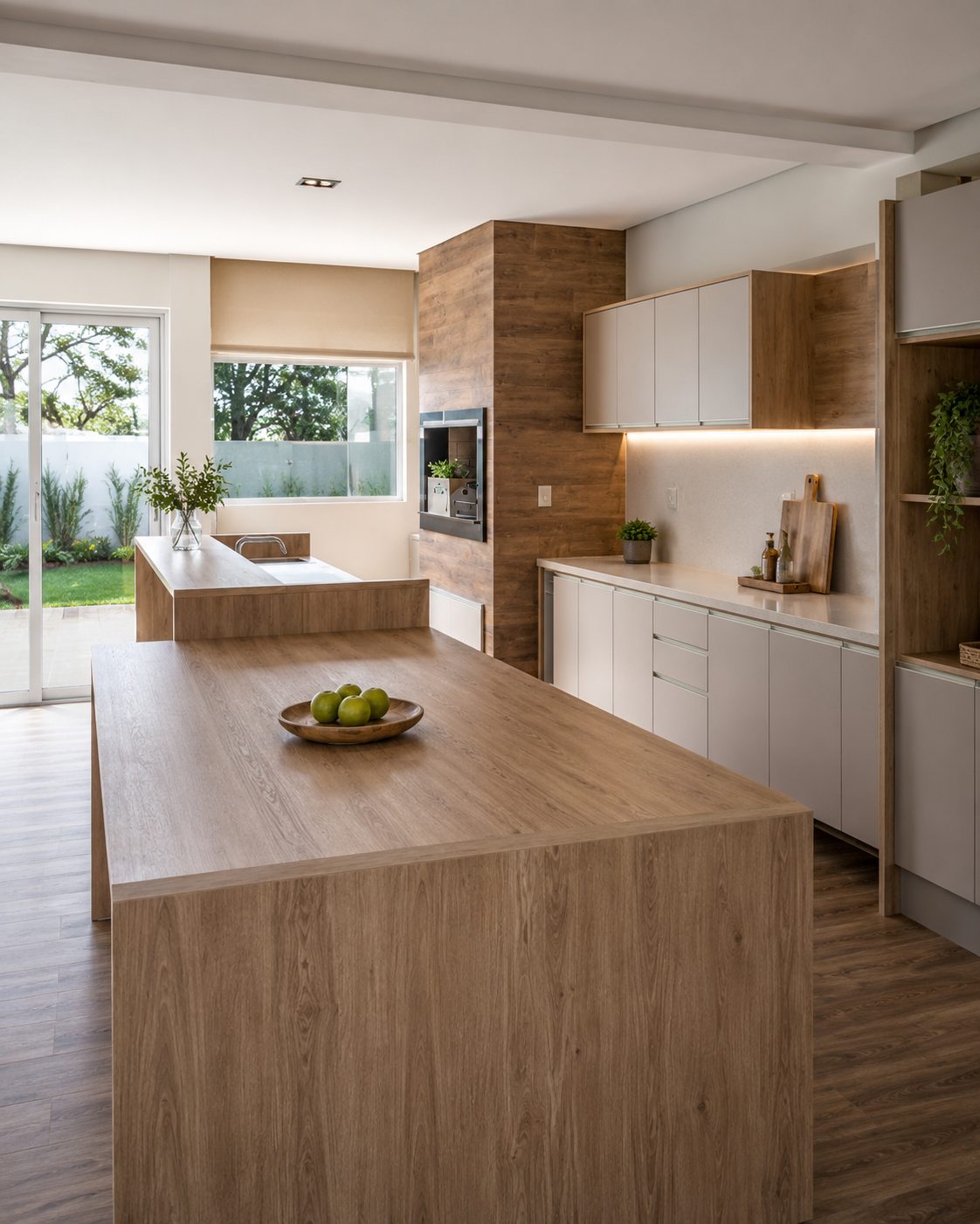 Cozinha planejada clara com bancada e armários sob medida